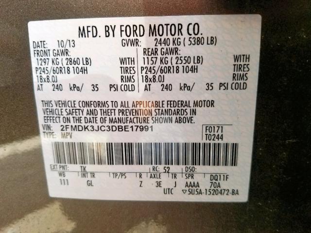 2FMDK3JC3DBE17991 - 2013 FORD EDGE SEL GRAY photo 10