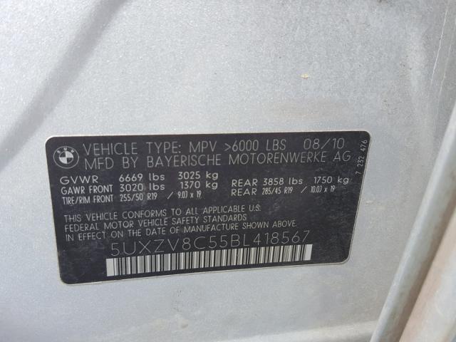 5UXZV8C55BL418567 - 2011 BMW X5 XDRIVE5 SILVER photo 10