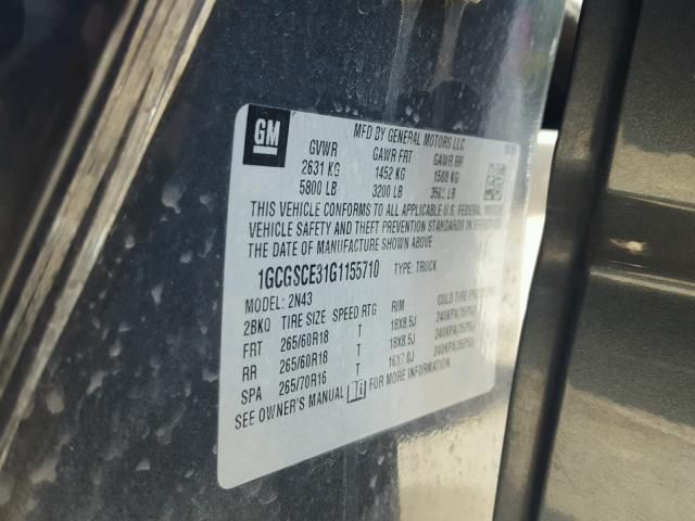 1GCGSCE31G1155710 - 2016 CHEVROLET COLORADO L GRAY photo 10