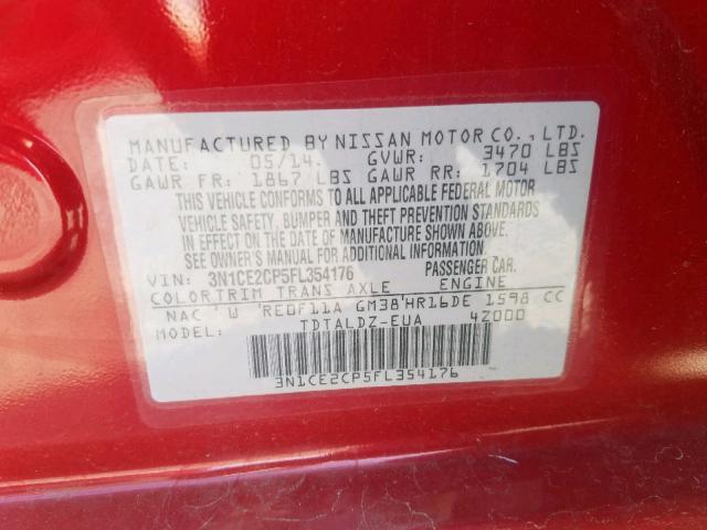 3N1CE2CP5FL354176 - 2015 NISSAN VERSA NOTE RED photo 10