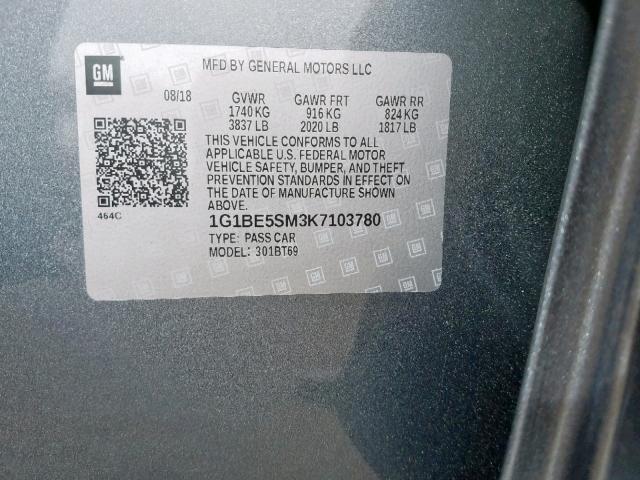 1G1BE5SM3K7103780 - 2019 CHEVROLET CRUZE LT GRAY photo 10