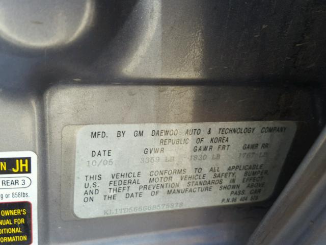 KL1TD56666B575878 - 2006 CHEVROLET AVEO BASE Сұр фото 10