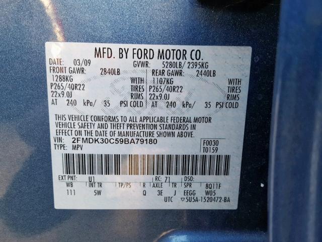 2FMDK30C59BA79180 - 2009 FORD EDGE SPORT BLUE photo 10