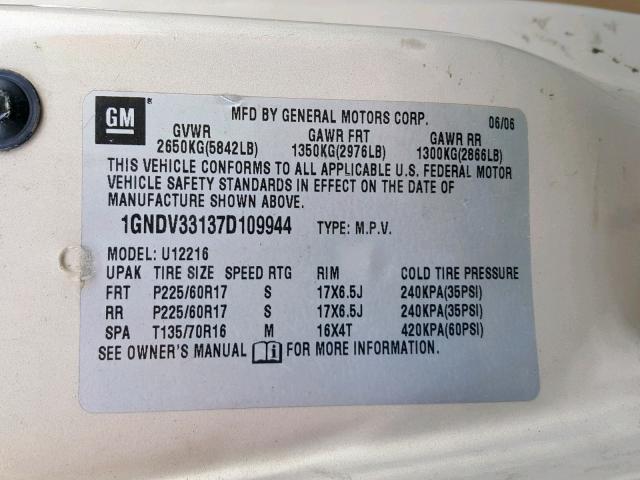 1GNDV33137D109944 - 2007 CHEVROLET UPLANDER L TAN photo 10