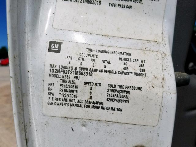 1G2NF52T21M683018 - 2001 PONTIAC GRAND AM S WHITE photo 10