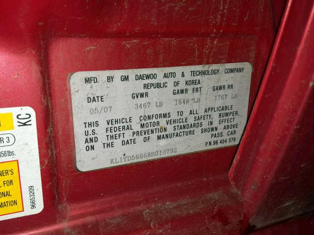 KL1TD56668B010792 - 2008 CHEVROLET AVEO BASE Қызыл фото 10