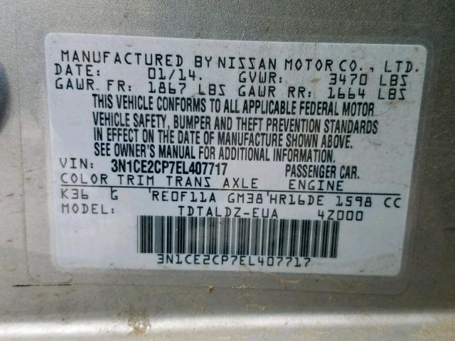 3N1CE2CP7EL407717 - 2014 NISSAN VERSA NOTE GRAY photo 10