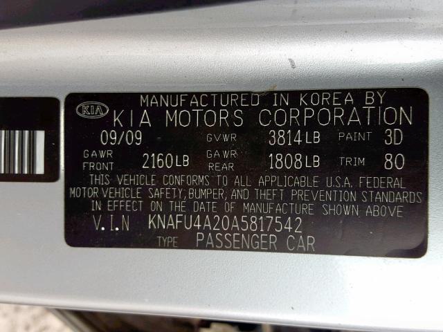 KNAFU4A20A5817542 - 2010 KIA FORTE EX SILVER photo 10