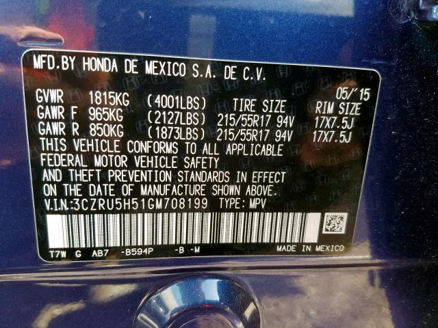 3CZRU5H51GM708199 - 2016 HONDA HR-V EX BLUE photo 10