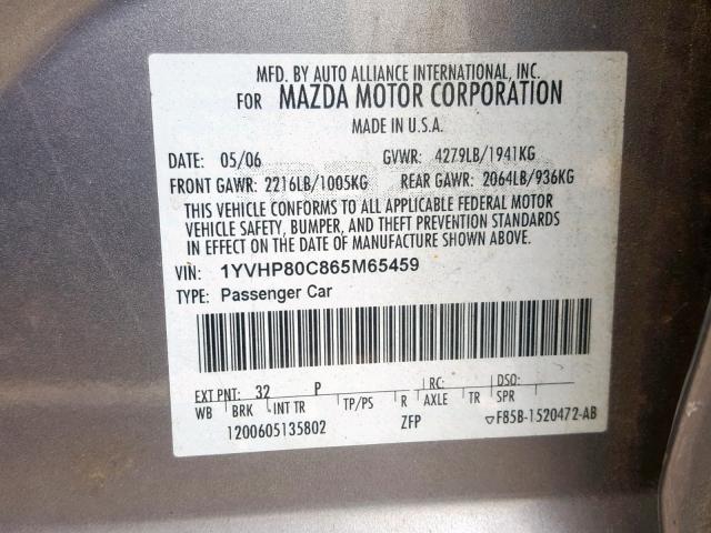 1YVHP80C865M65459 - 2006 MAZDA 6 I SILVER photo 10