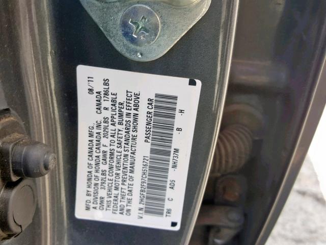 2HGFB2F97CH516721 - 2012 HONDA CIVIC EXL ნაცრისფერი ფოტო 10