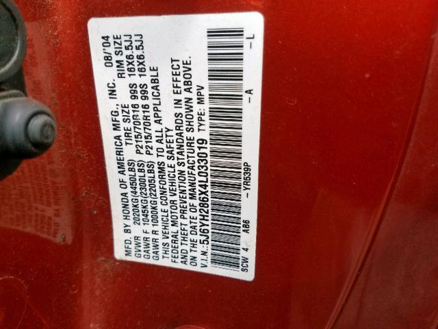 5J6YH286X4L033019 - 2004 HONDA ELEMENT EX ORANGE photo 10