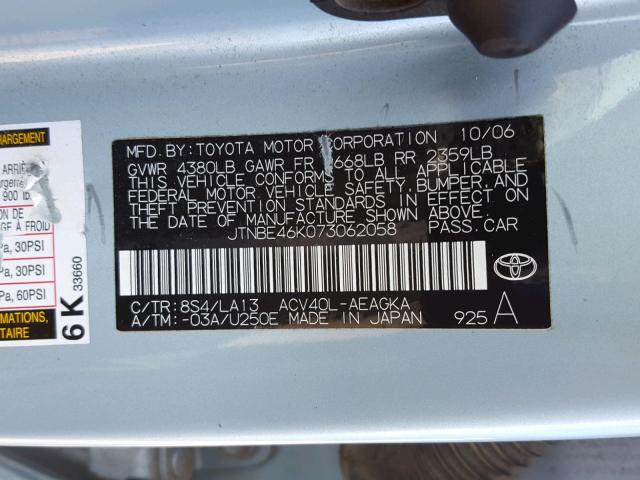 JTNBE46K073062058 - 2007 TOYOTA CAMRY NEW BLUE photo 10