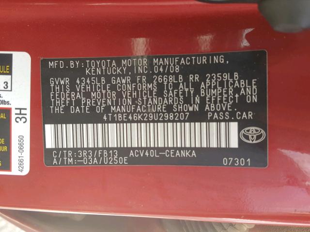 4T1BE46K29U298207 - 2009 TOYOTA CAMRY BASE RED photo 10