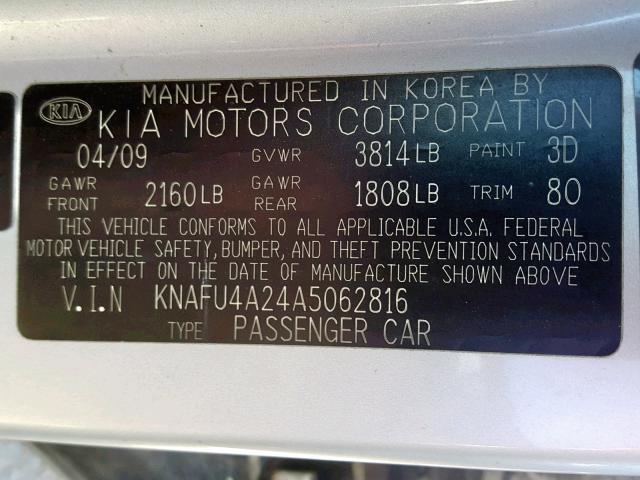 KNAFU4A24A5062816 - 2010 KIA FORTE EX SILVER photo 10