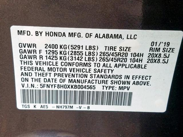 5FNYF8H0XKB004565 - 2019 HONDA PASSPORT E GRAY photo 10