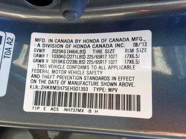 2HKRM3H75EH501393 - 2014 HONDA CR-V EXL GRAY photo 10