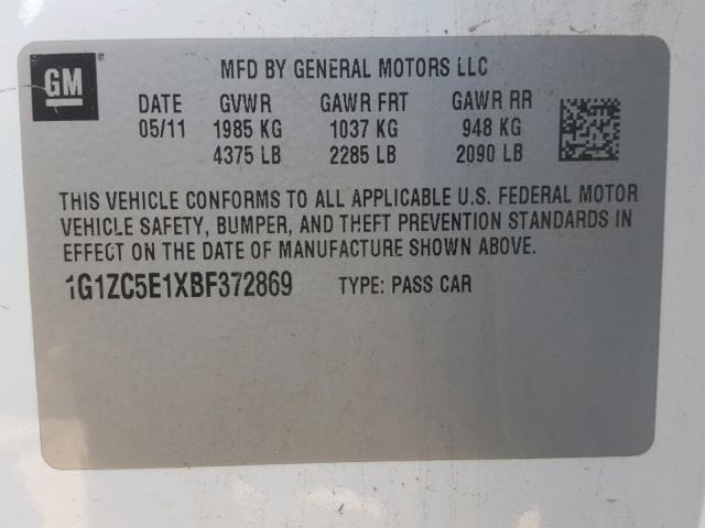 1G1ZC5E1XBF372869 - 2011 CHEVROLET MALIBU 1LT WHITE photo 10