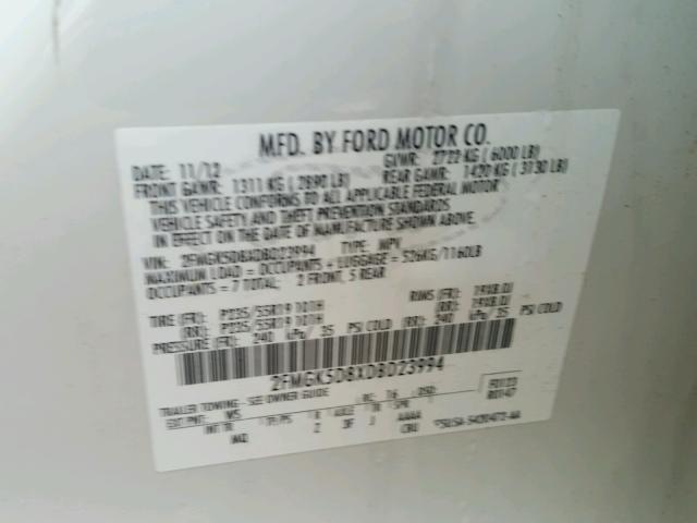 2FMGK5D8XDBD23994 - 2013 FORD FLEX LIMIT WHITE photo 10