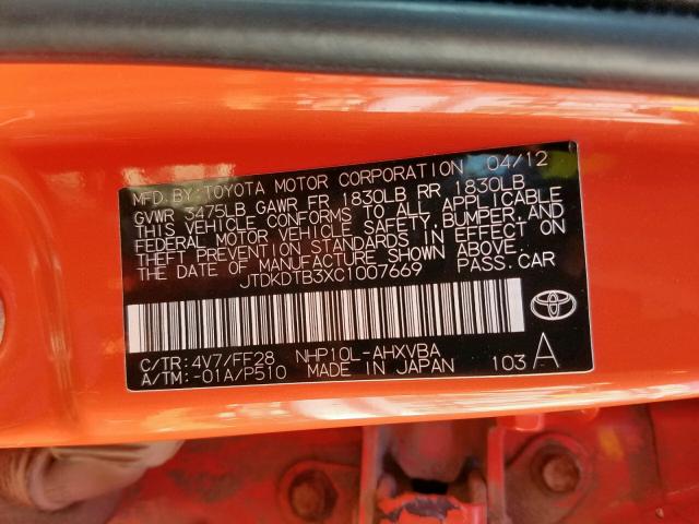 JTDKDTB3XC1007669 - 2012 TOYOTA PRIUS C ORANGE photo 10