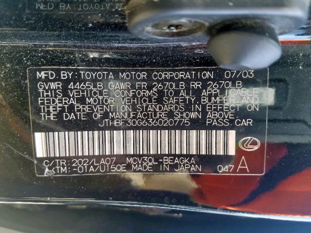 JTHBF30G636020775 - 2003 LEXUS ES 300 BLACK photo 10