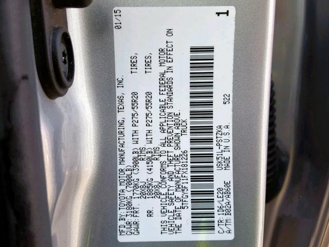 5TFGY5F11FX181226 - 2015 TOYOTA TUNDRA CRE SILVER photo 10