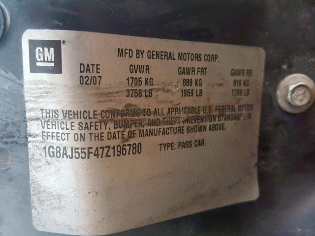 1G8AJ55F47Z196780 - 2007 SATURN ION LEVEL BLUE photo 10
