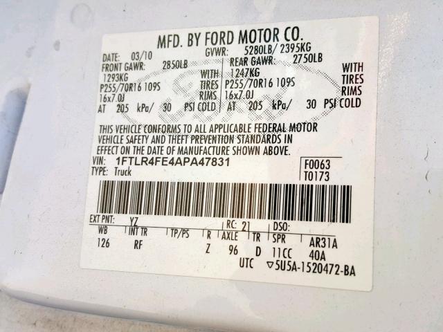 1FTLR4FE4APA47831 - 2010 FORD RANGER SUP WHITE photo 10