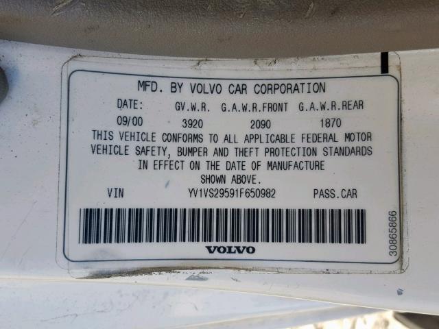 YV1VS29591F650982 - 2001 VOLVO S40 1.9T WHITE photo 10