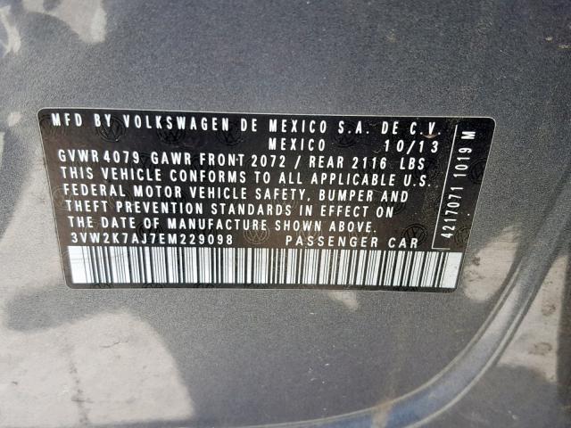 3VW2K7AJ7EM229098 - 2014 VOLKSWAGEN JETTA BASE 灰色 照片 10