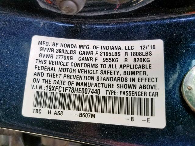 19XFC1F78HE007440 - 2017 HONDA CIVIC EXL 蓝色 照片 10