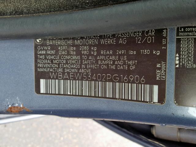 WBAEW53402PG16906 - 2002 BMW 330 XI BLUE photo 10