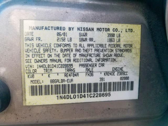 1N4DL01D41C228695 - 2001 NISSAN ALTIMA XE CREAM photo 10