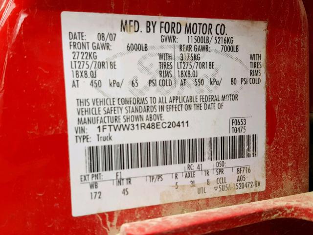 1FTWW31R48EC20411 - 2008 FORD F350 SRW S RED photo 10