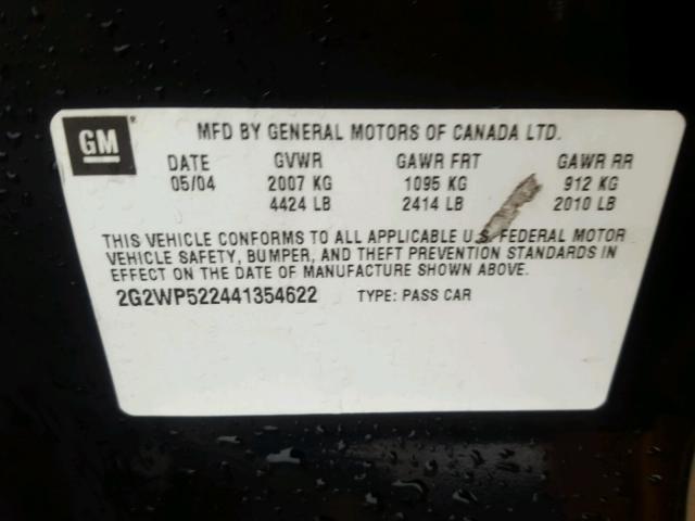 2G2WP522441354622 - 2004 PONTIAC GRAND PRIX BLACK photo 10