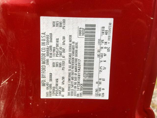 1FTZR15E81TA55917 - 2001 FORD RANGER SUP RED photo 10