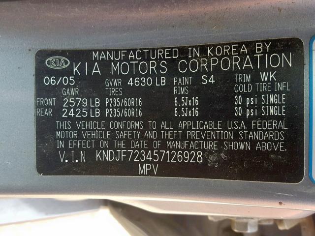 KNDJF723457126928 - 2005 KIA NEW SPORTA GRAY photo 10