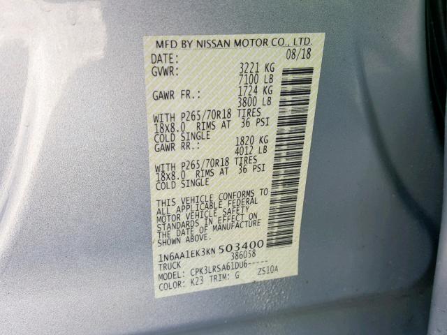 1N6AA1EK3KN503400 - 2019 NISSAN TITAN S SILVER photo 10