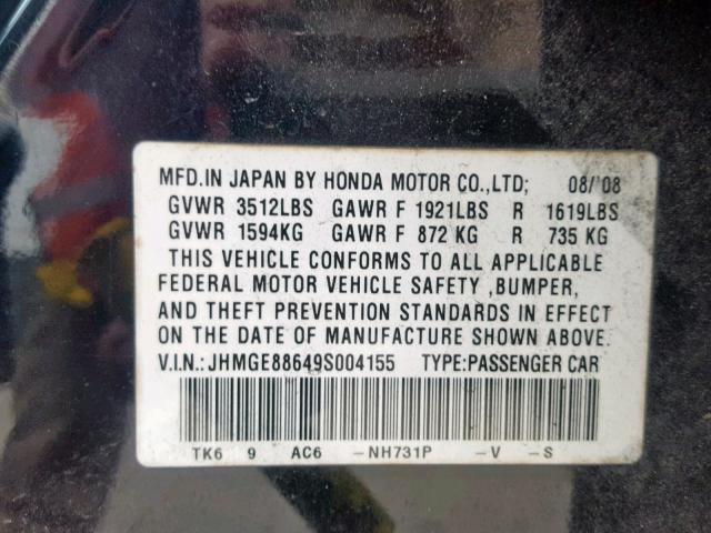 JHMGE88649S004155 - 2009 HONDA FIT SPORT BLACK photo 10