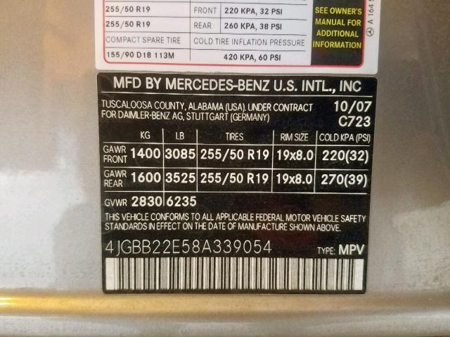 4JGBB22E58A339054 - 2008 MERCEDES-BENZ ML 320 CDI SILVER photo 10