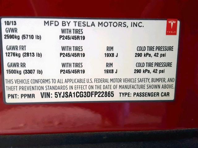 5YJSA1CG3DFP22865 - 2013 TESLA MODEL S RED photo 10