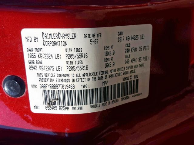 3A8FY68B97T619469 - 2007 CHRYSLER PT CRUISER RED photo 10