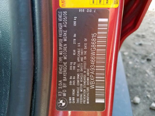 WBXPA93466WG86815 - 2006 BMW X3 3.0I RED photo 10