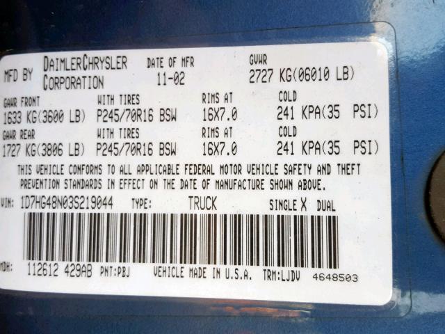 1D7HG48N03S219044 - 2003 DODGE DAKOTA QUA BLUE photo 10