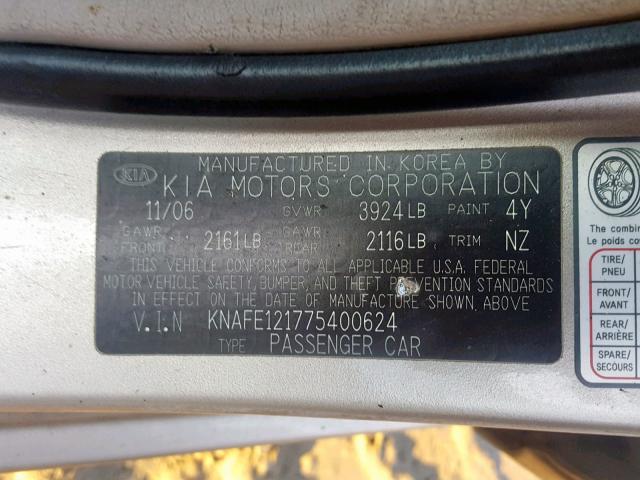 KNAFE121775400624 - 2007 KIA SPECTRA EX GOLD photo 10