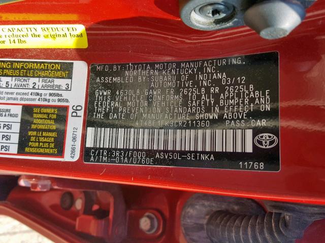 4T4BF1FK3CR211360 - 2012 TOYOTA CAMRY BASE RED photo 10
