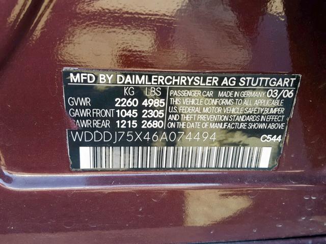 WDDDJ75X46A074494 - 2006 MERCEDES-BENZ CLS 500 MAROON photo 10