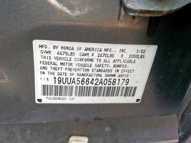 19UUA56642A058179 - 2002 ACURA 3.2TL GRAY photo 10