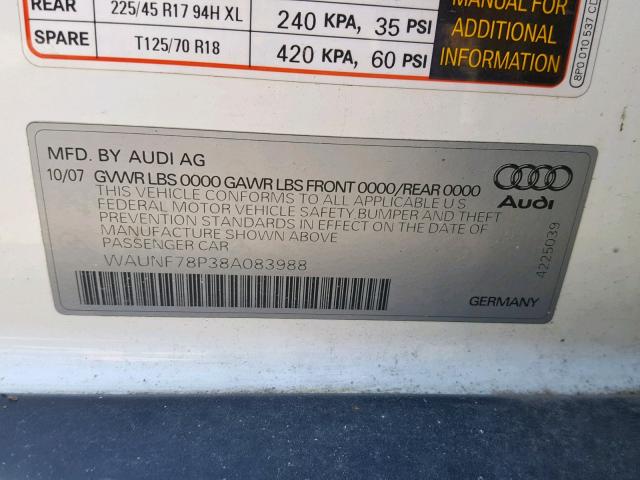 WAUNF78P38A083988 - 2008 AUDI A3 2.0 PRE WHITE photo 10