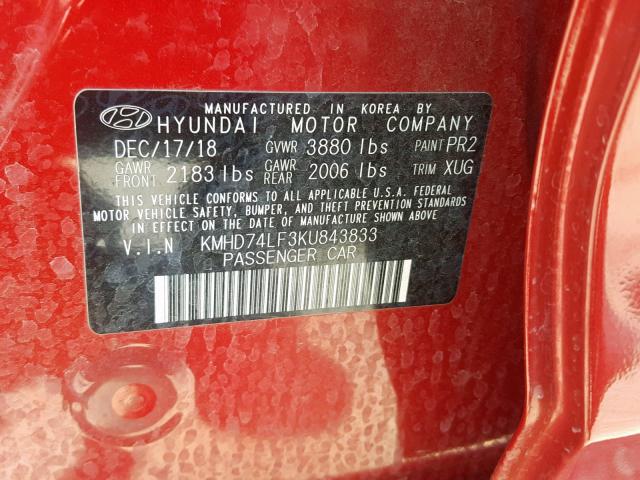 KMHD74LF3KU843833 - 2019 HYUNDAI ELANTRA SE RED photo 10